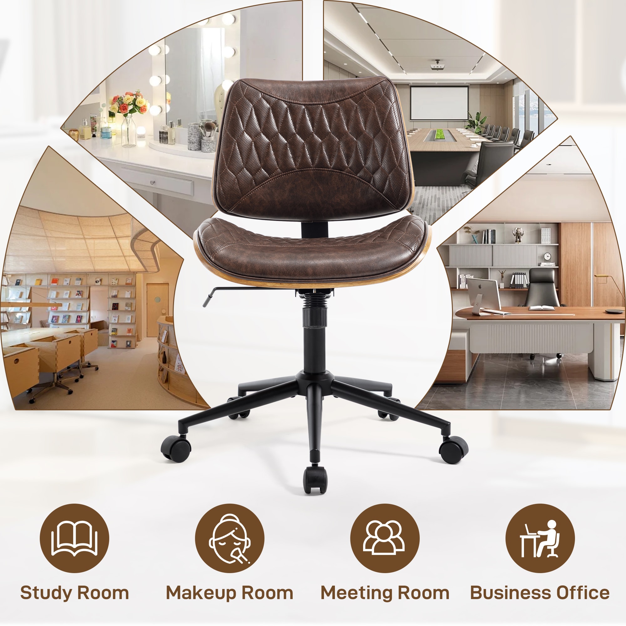 Armless Office Chair With Wheels, Adjustable Height Mid Back Small Desk Chair, Modern Walnut Bentwood Back, PU Leather Swivel Rolling Computer Task Chair For Home Office, Meeting Room, Study, Set Of 1_voghion.com